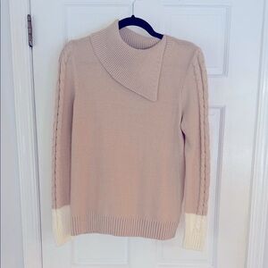 Two Tone Cable Knit Sweater with Asymmetrical Neckline